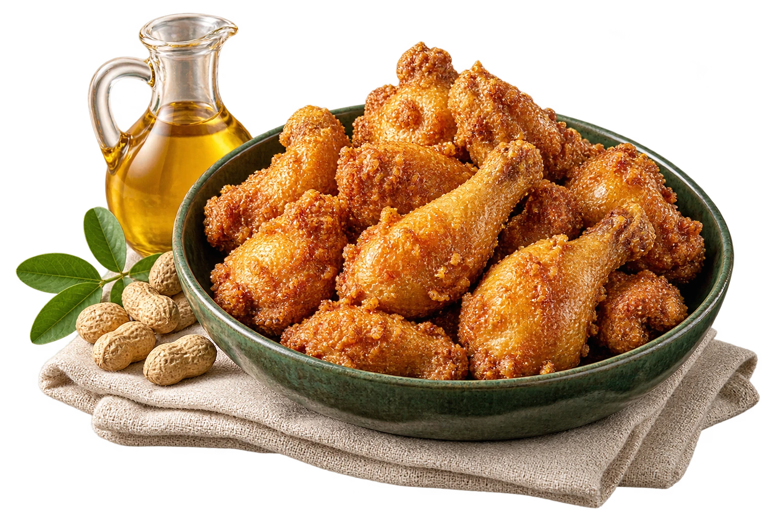 초록 도자기에 풍성하게 담긴 금빛 치킨, 땅콩기름과 땅콩을 리넨 위에 놓은 콘셉트 사진